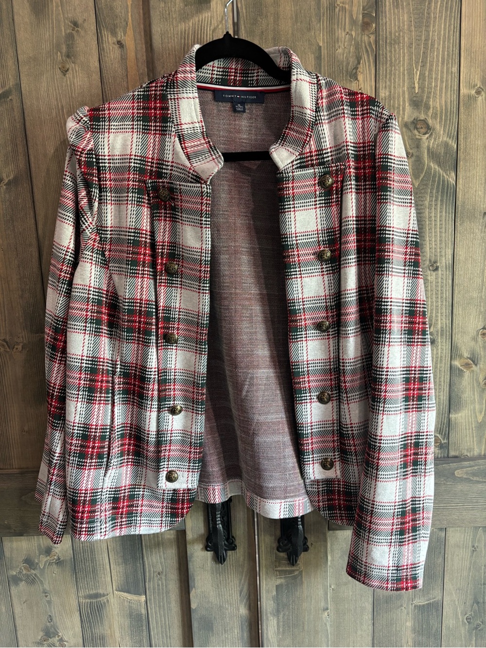Tommy Hilfiger Red, Black & White Plaid Double-Breasted Blazer